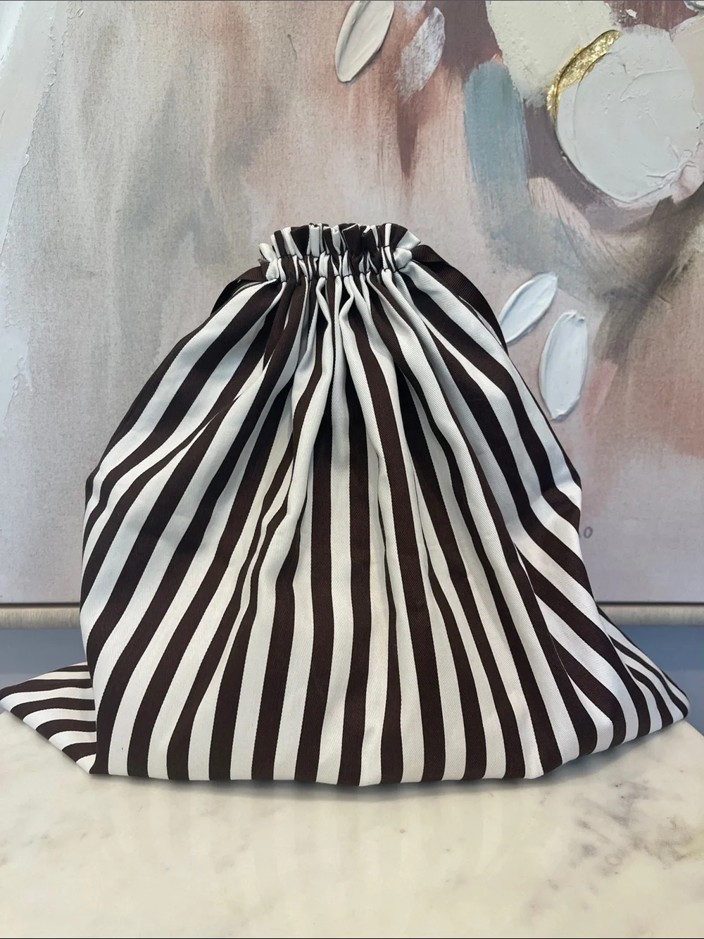 Henri Bendel Brown & White Striped Dustbag with Gold Logo - 15” x 16.5”